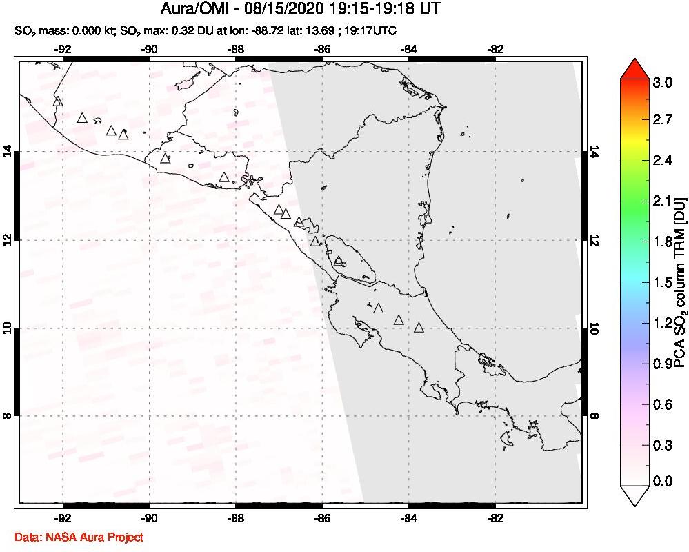 A sulfur dioxide image over Central America on Aug 15, 2020.
