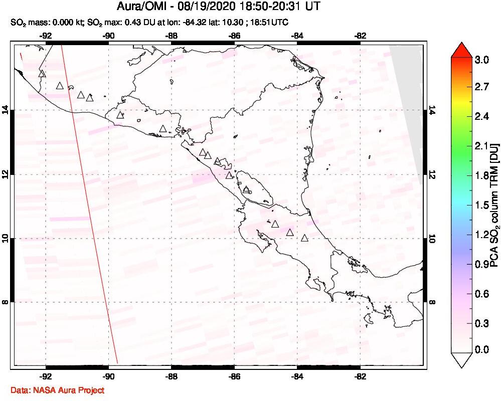 A sulfur dioxide image over Central America on Aug 19, 2020.