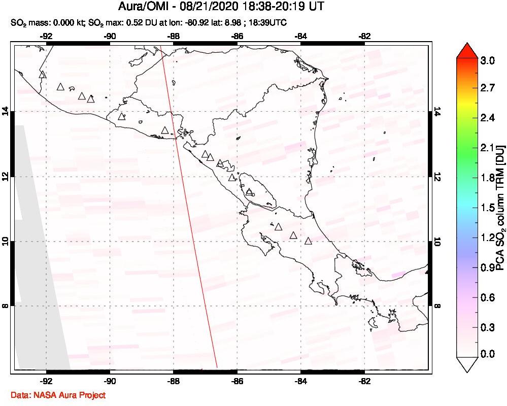 A sulfur dioxide image over Central America on Aug 21, 2020.