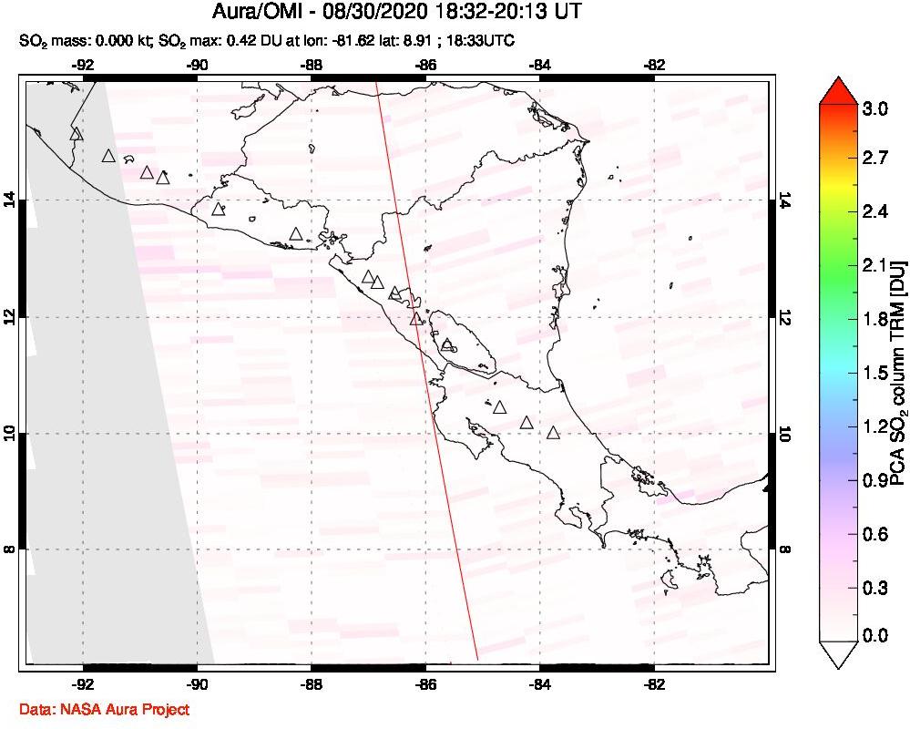 A sulfur dioxide image over Central America on Aug 30, 2020.