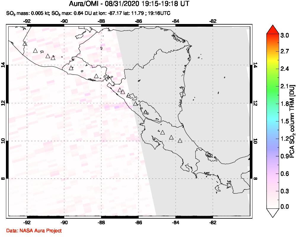A sulfur dioxide image over Central America on Aug 31, 2020.