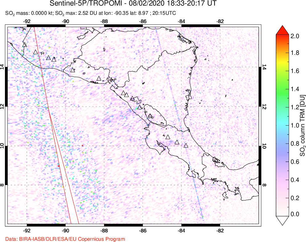 A sulfur dioxide image over Central America on Aug 02, 2020.