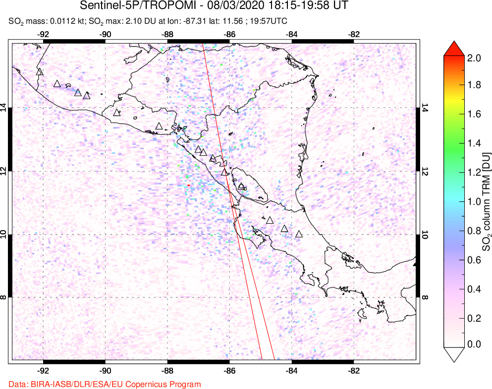 A sulfur dioxide image over Central America on Aug 03, 2020.