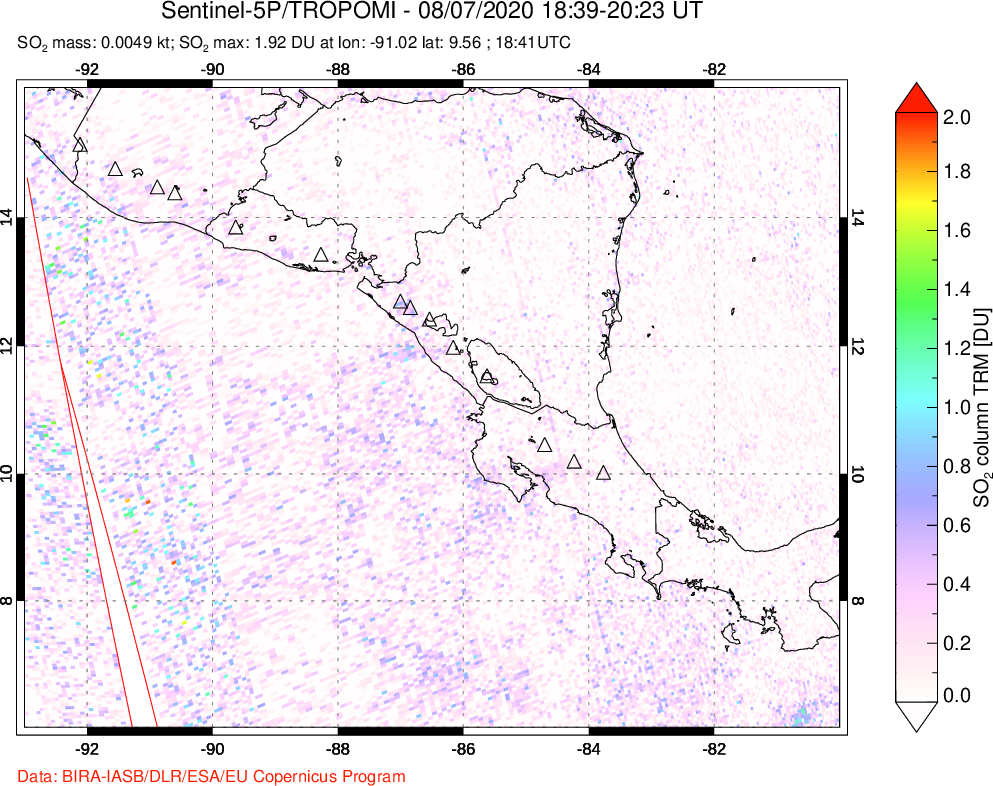 A sulfur dioxide image over Central America on Aug 07, 2020.