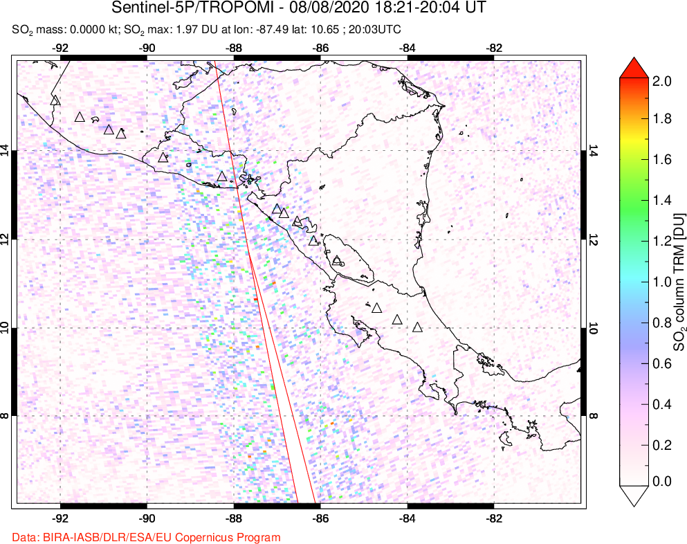 A sulfur dioxide image over Central America on Aug 08, 2020.