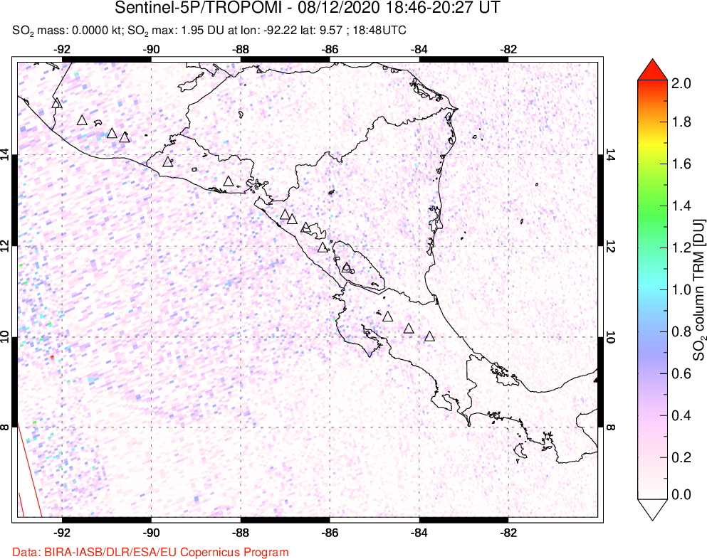 A sulfur dioxide image over Central America on Aug 12, 2020.