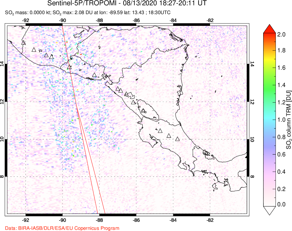 A sulfur dioxide image over Central America on Aug 13, 2020.