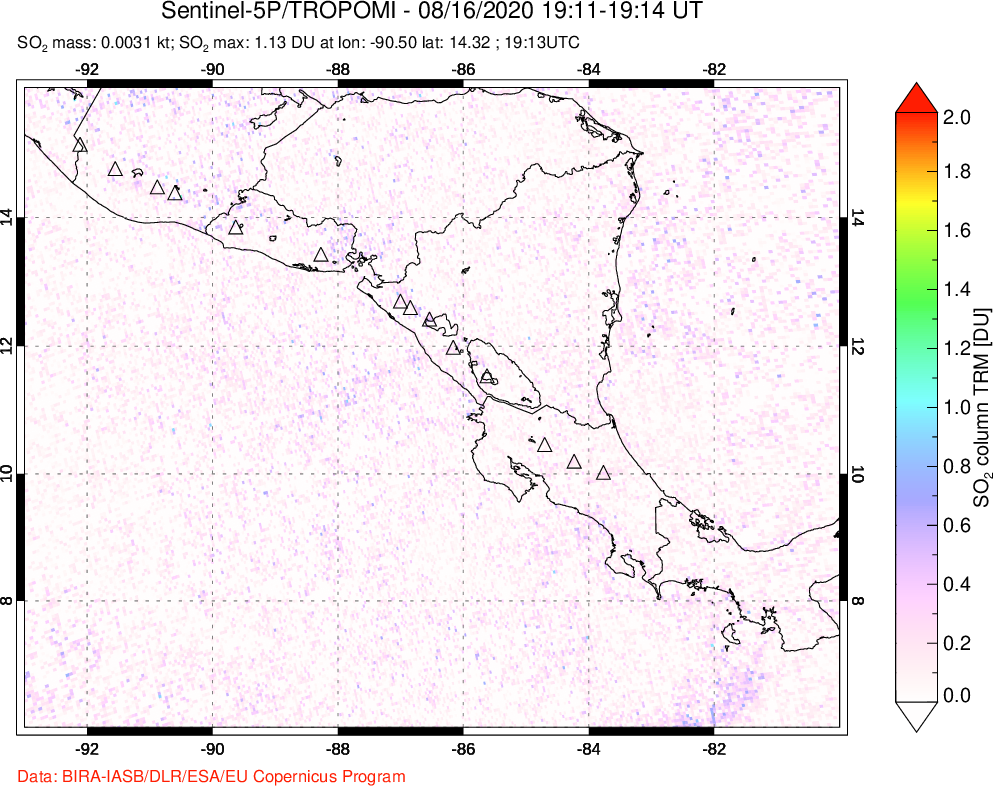 A sulfur dioxide image over Central America on Aug 16, 2020.