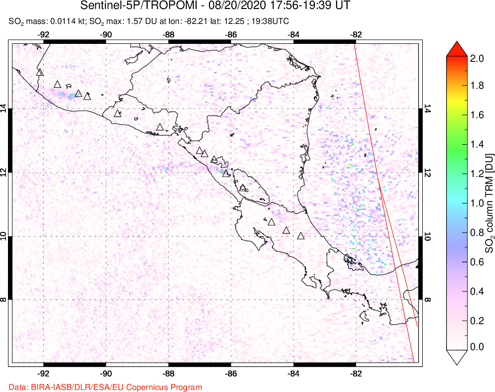 A sulfur dioxide image over Central America on Aug 20, 2020.