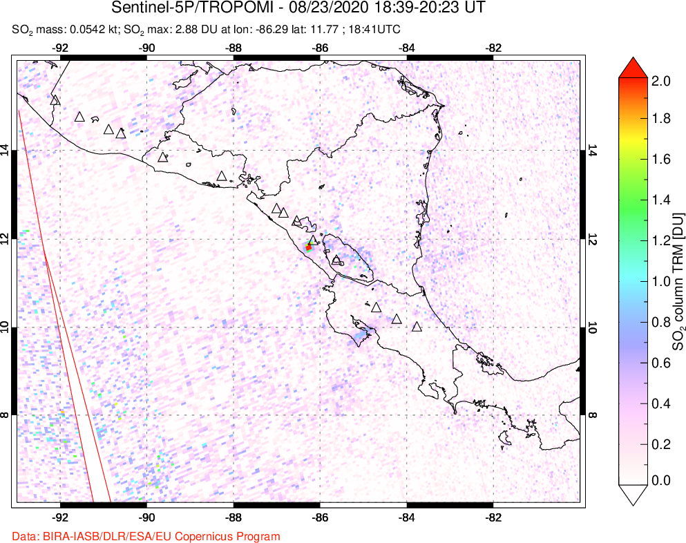 A sulfur dioxide image over Central America on Aug 23, 2020.