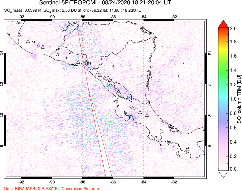 A sulfur dioxide image over Central America on Aug 24, 2020.