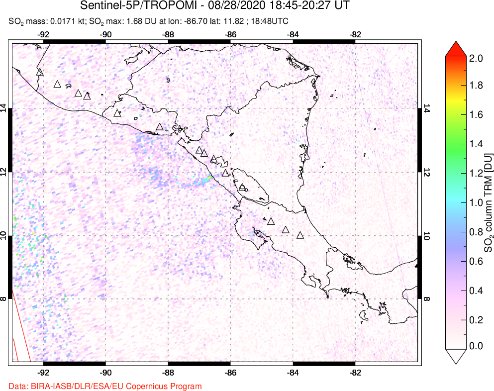 A sulfur dioxide image over Central America on Aug 28, 2020.