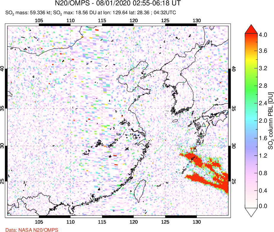 A sulfur dioxide image over Eastern China on Aug 01, 2020.