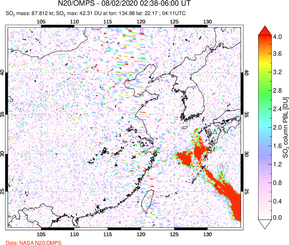 A sulfur dioxide image over Eastern China on Aug 02, 2020.