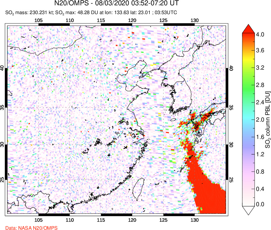 A sulfur dioxide image over Eastern China on Aug 03, 2020.
