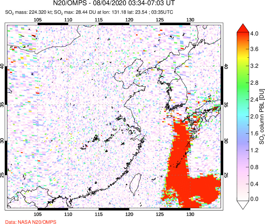 A sulfur dioxide image over Eastern China on Aug 04, 2020.