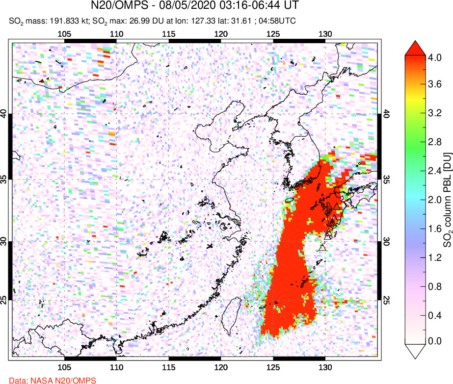 A sulfur dioxide image over Eastern China on Aug 05, 2020.