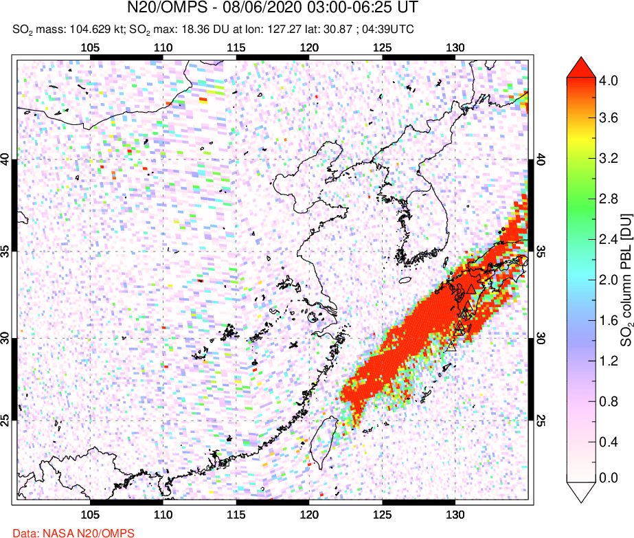 A sulfur dioxide image over Eastern China on Aug 06, 2020.