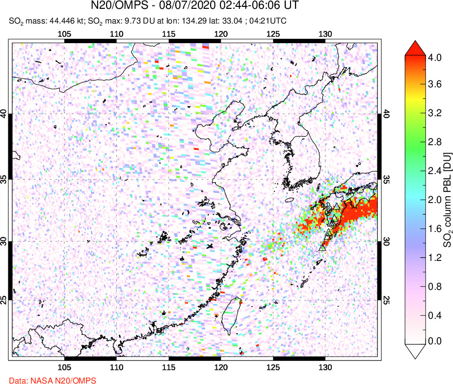 A sulfur dioxide image over Eastern China on Aug 07, 2020.