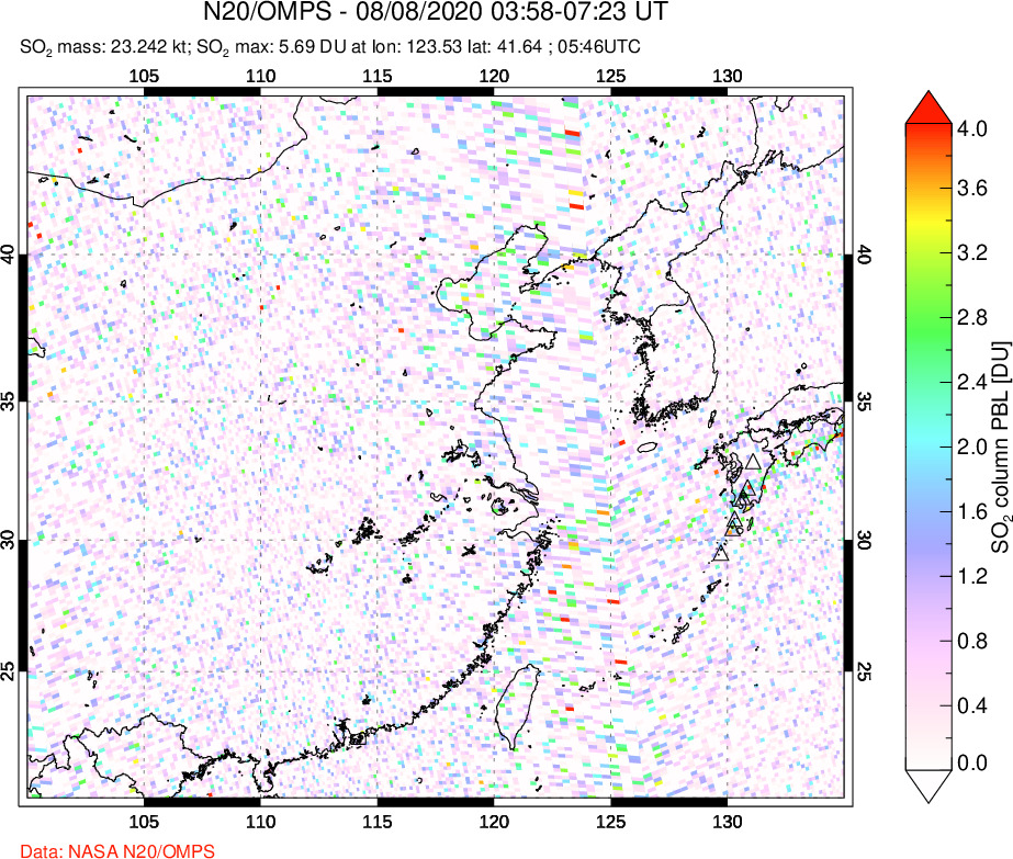 A sulfur dioxide image over Eastern China on Aug 08, 2020.