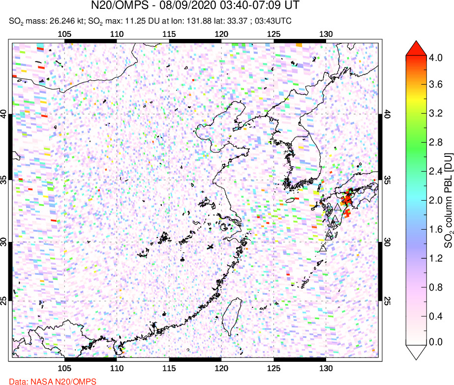 A sulfur dioxide image over Eastern China on Aug 09, 2020.