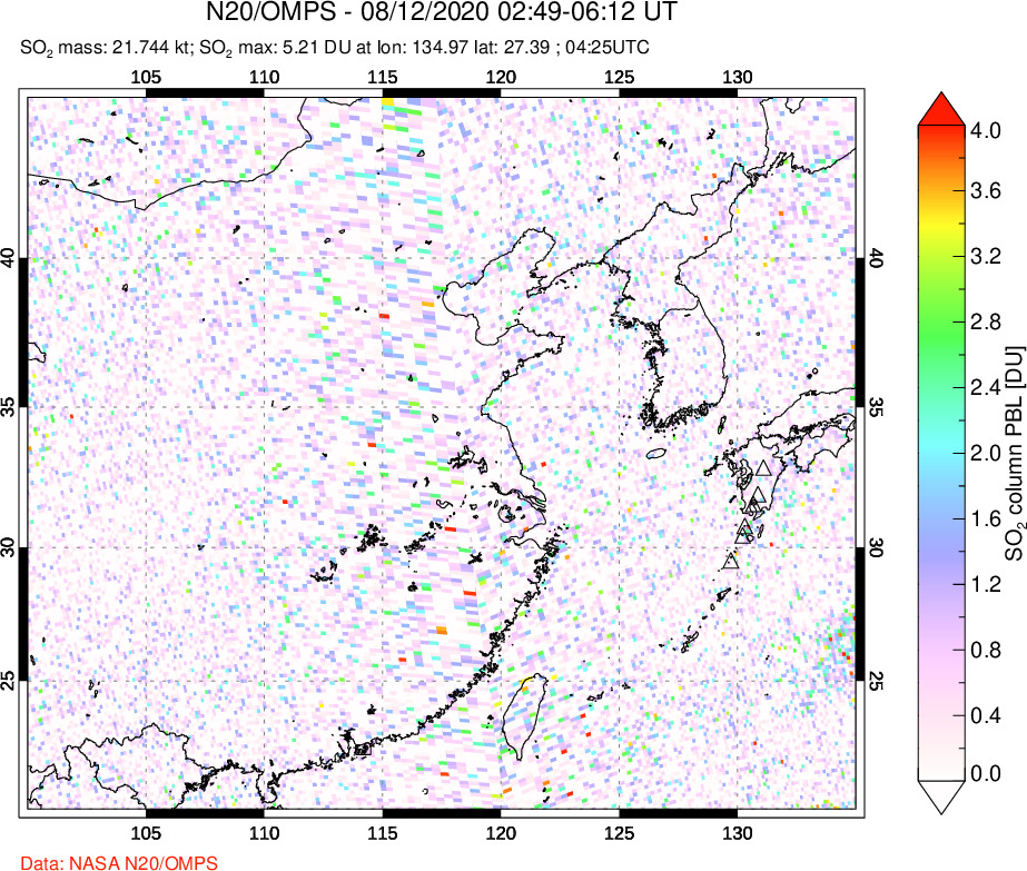 A sulfur dioxide image over Eastern China on Aug 12, 2020.