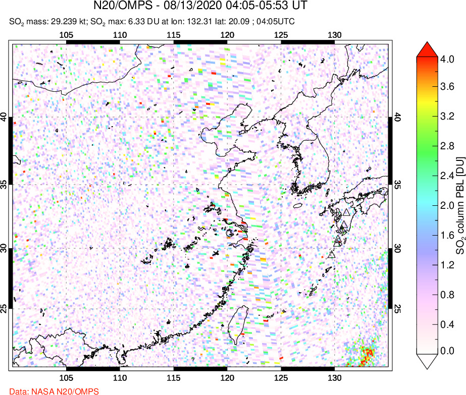 A sulfur dioxide image over Eastern China on Aug 13, 2020.