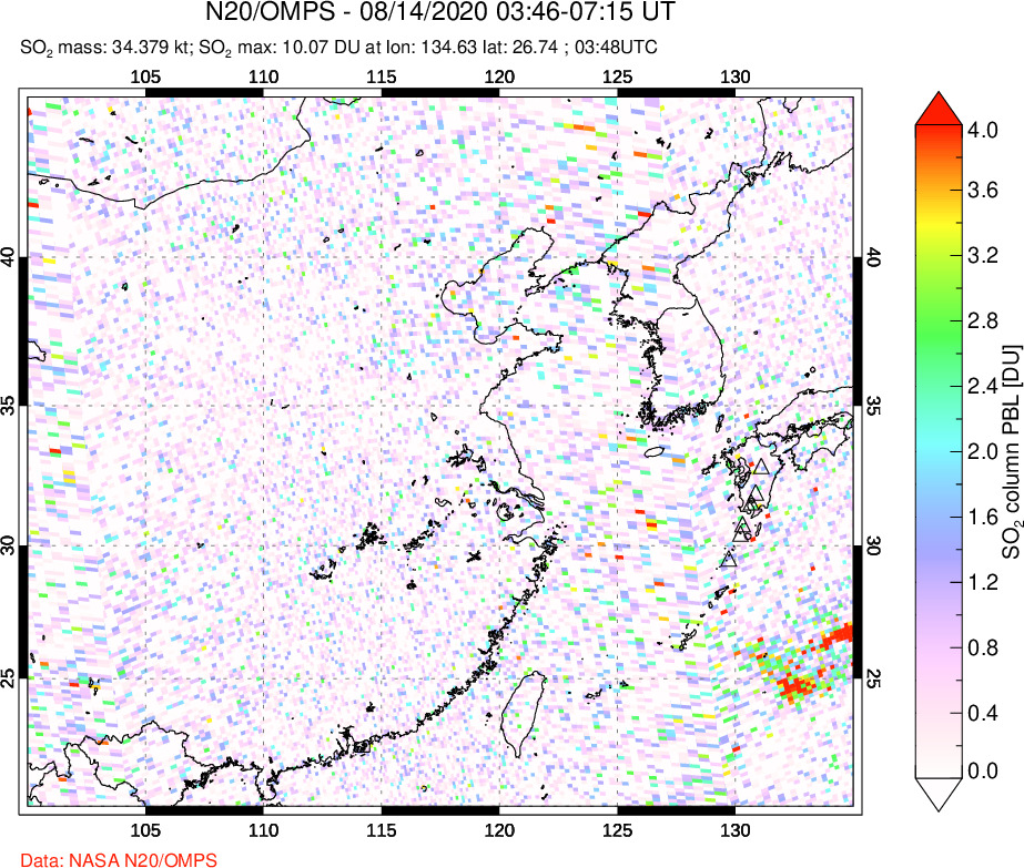 A sulfur dioxide image over Eastern China on Aug 14, 2020.