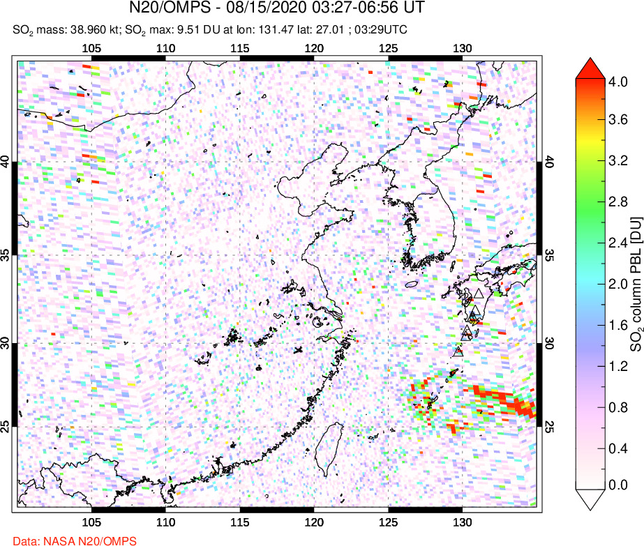 A sulfur dioxide image over Eastern China on Aug 15, 2020.