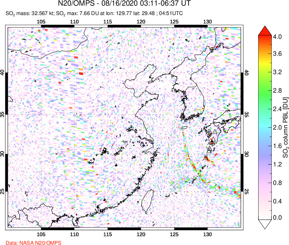 A sulfur dioxide image over Eastern China on Aug 16, 2020.