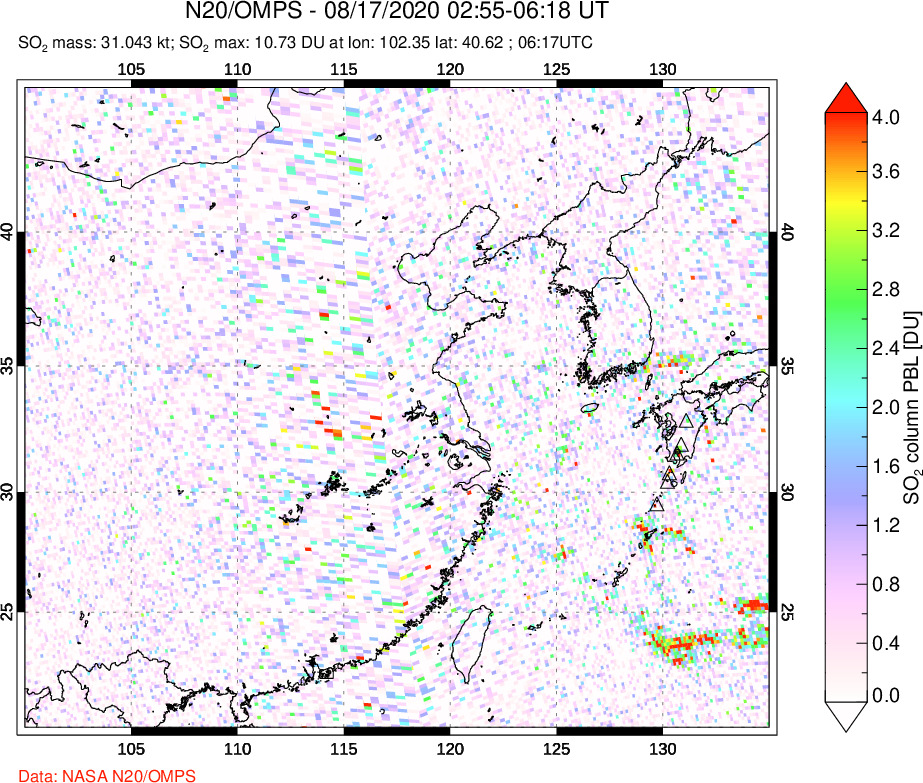 A sulfur dioxide image over Eastern China on Aug 17, 2020.