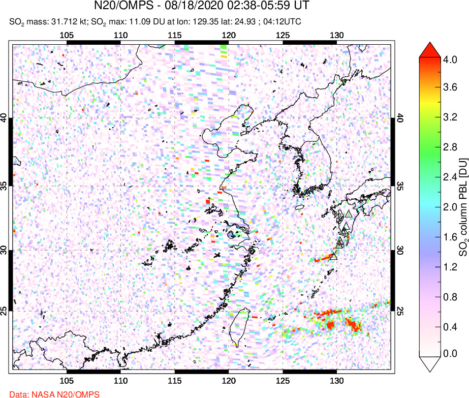 A sulfur dioxide image over Eastern China on Aug 18, 2020.