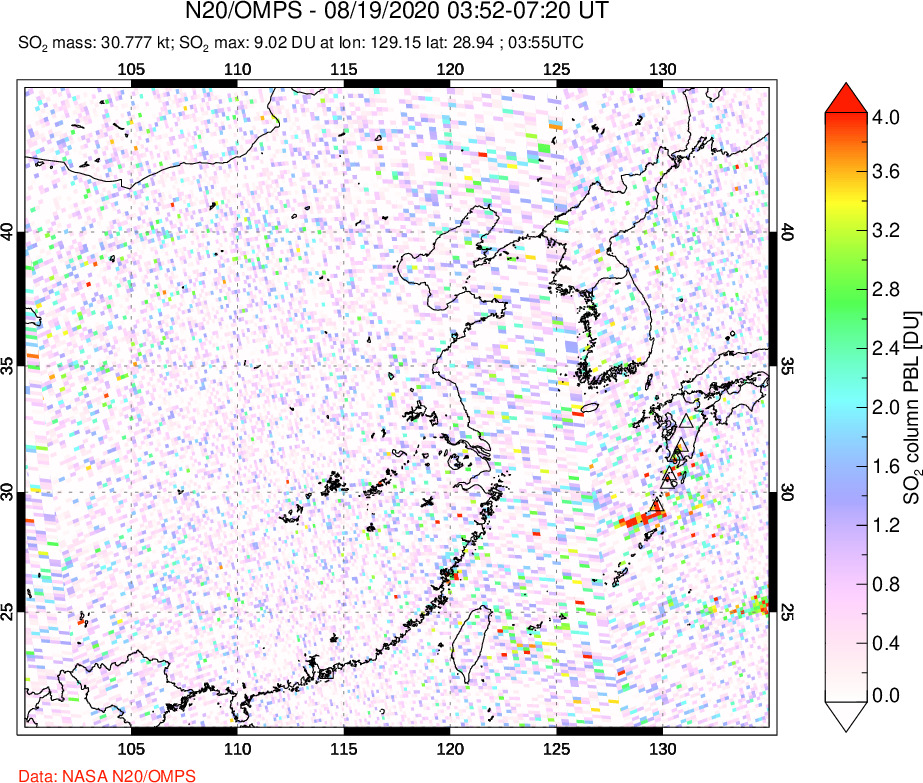 A sulfur dioxide image over Eastern China on Aug 19, 2020.