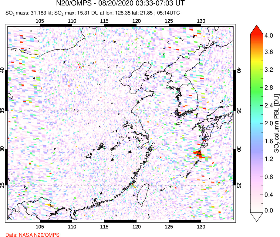 A sulfur dioxide image over Eastern China on Aug 20, 2020.