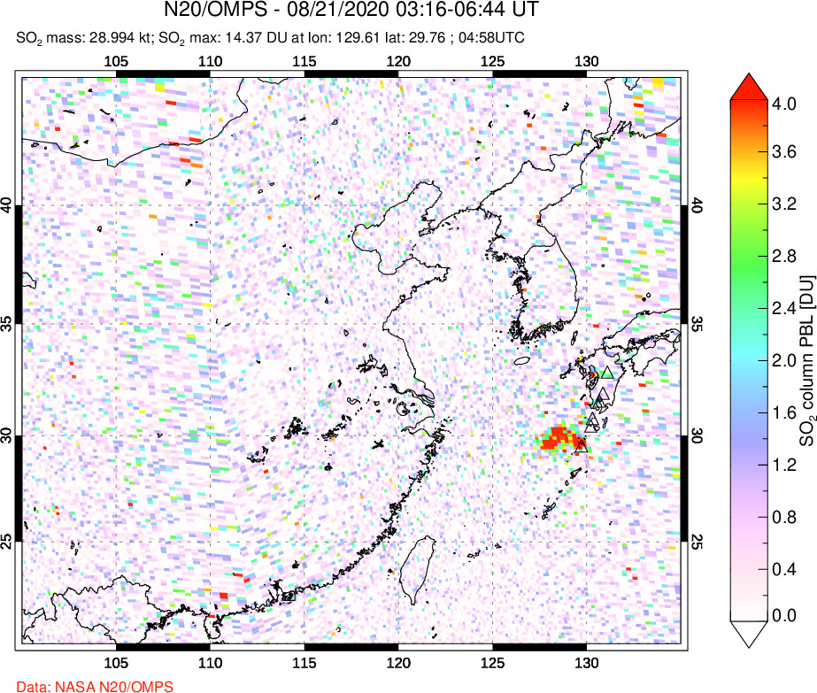 A sulfur dioxide image over Eastern China on Aug 21, 2020.