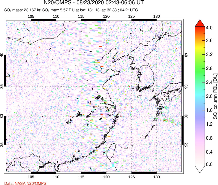 A sulfur dioxide image over Eastern China on Aug 23, 2020.