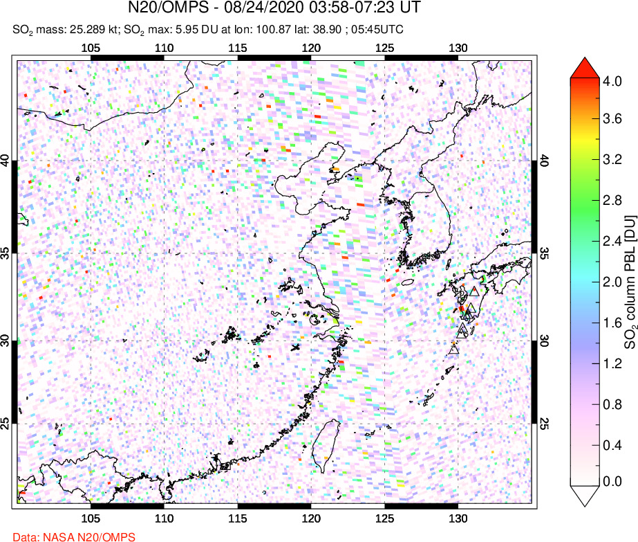 A sulfur dioxide image over Eastern China on Aug 24, 2020.