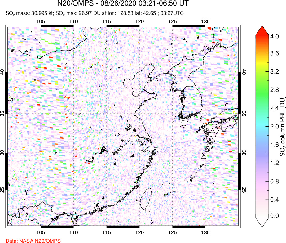 A sulfur dioxide image over Eastern China on Aug 26, 2020.