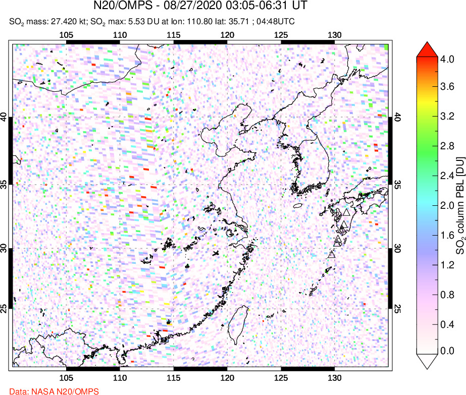 A sulfur dioxide image over Eastern China on Aug 27, 2020.