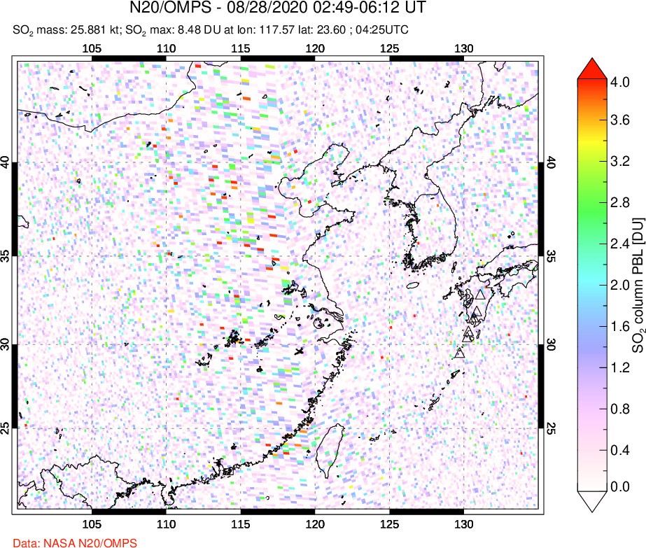 A sulfur dioxide image over Eastern China on Aug 28, 2020.