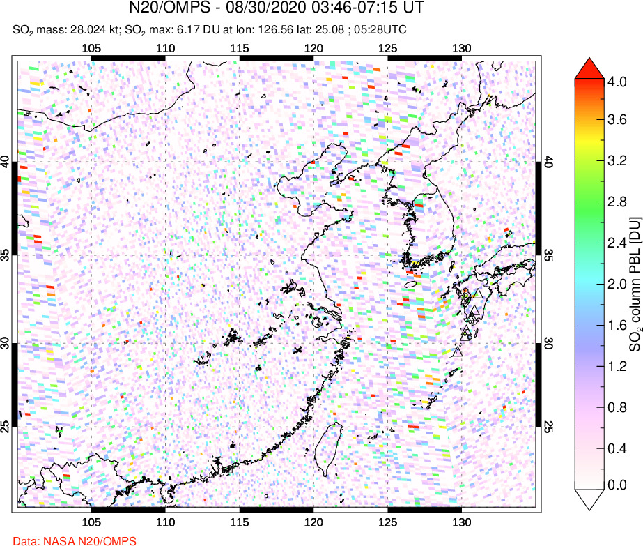 A sulfur dioxide image over Eastern China on Aug 30, 2020.