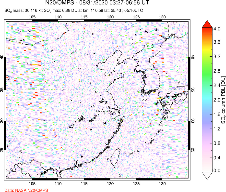 A sulfur dioxide image over Eastern China on Aug 31, 2020.