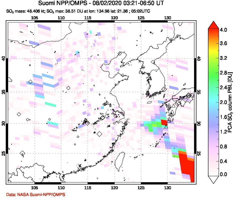A sulfur dioxide image over Eastern China on Aug 02, 2020.