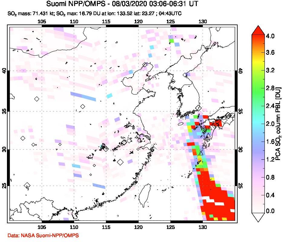 A sulfur dioxide image over Eastern China on Aug 03, 2020.