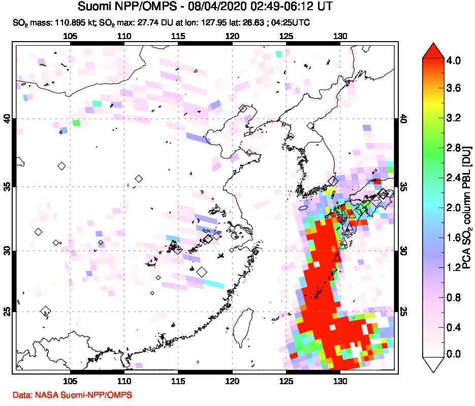 A sulfur dioxide image over Eastern China on Aug 04, 2020.