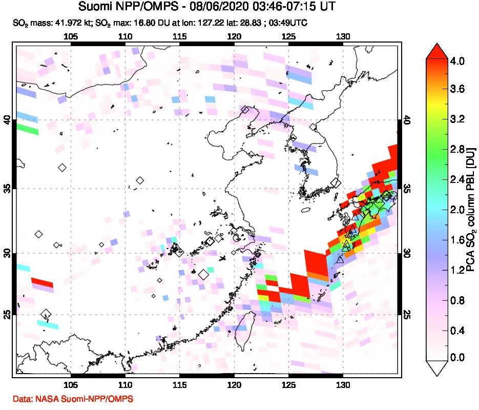 A sulfur dioxide image over Eastern China on Aug 06, 2020.