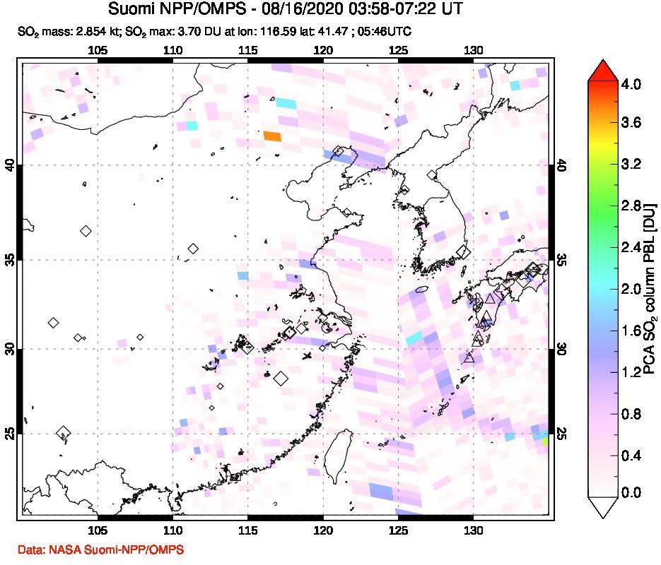 A sulfur dioxide image over Eastern China on Aug 16, 2020.