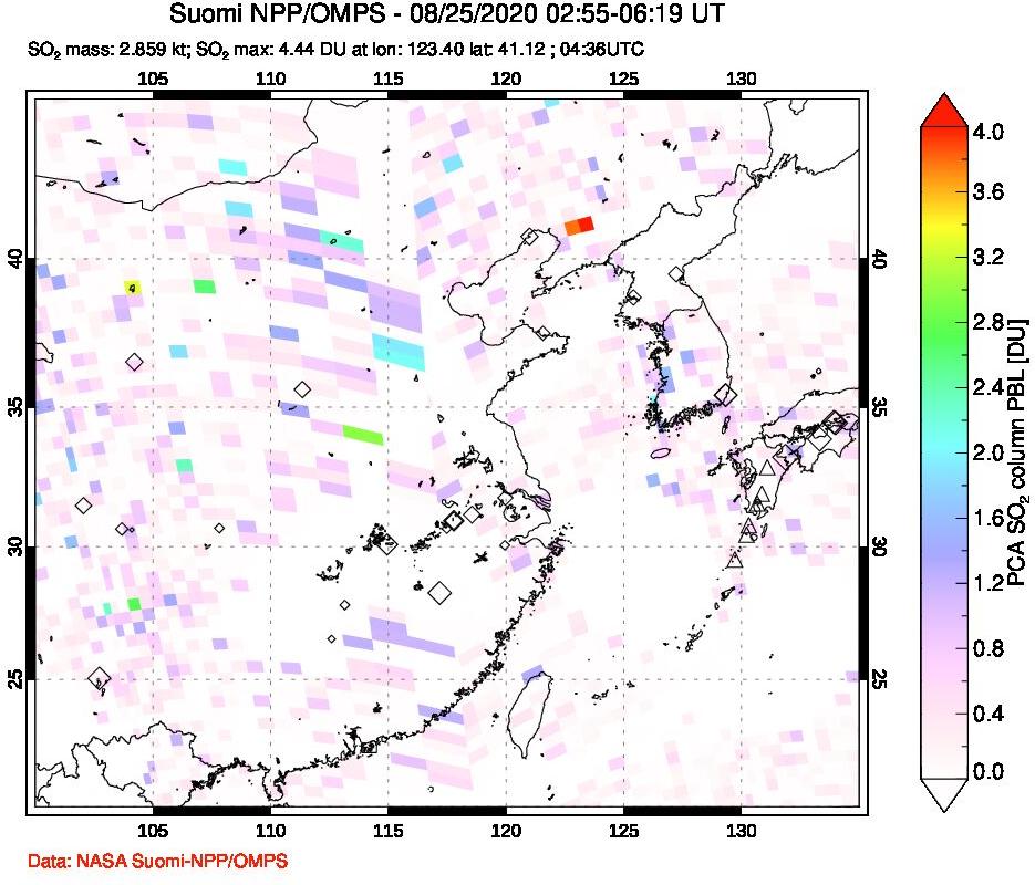 A sulfur dioxide image over Eastern China on Aug 25, 2020.