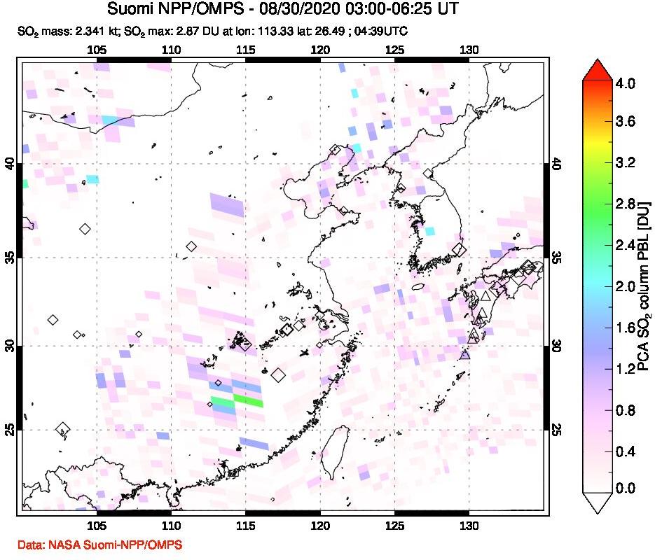 A sulfur dioxide image over Eastern China on Aug 30, 2020.