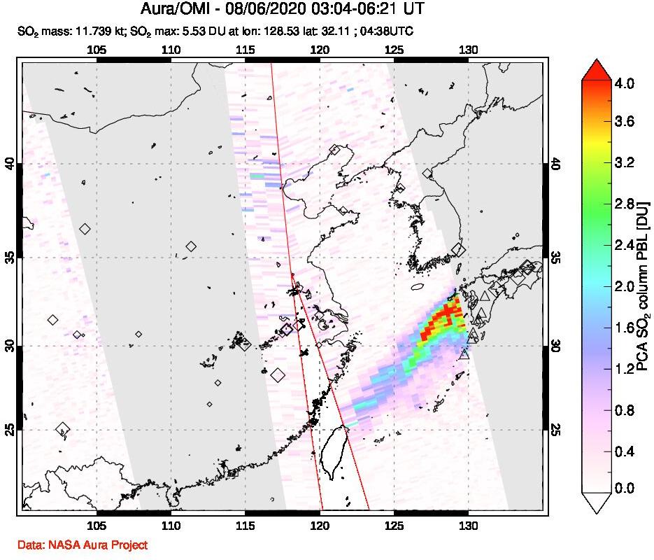 A sulfur dioxide image over Eastern China on Aug 06, 2020.
